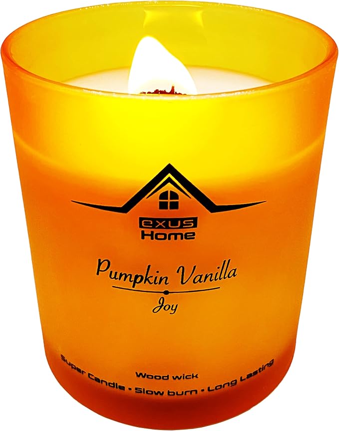 Exus Hand Crafted, Soy Wax, Wood Wick, Aromatic Candle. Non-Toxic (Pumpkin Vanilla/Joy)