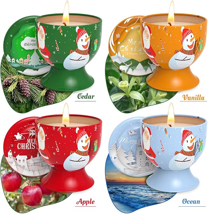 Set of 4 Christmas Snowman Santa Claus Scented Candles Gift Set for Home Women, 4.4oz Natural Soy Wax Strong Cedar, Lavender, Apple&Cinnamon and Vanilla&Jasmine Aromatherapy Candles
