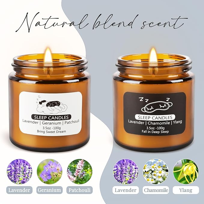 2 Pack Scented Candles Set|7 oz.Sleep Sweet Dream with Lavender,Geranium and Patchouli, Deep Sleep with Lavender,Chamomile Aromatherapy Candle,Long Lasting Time,Perfect Home Gifts for Men,Women