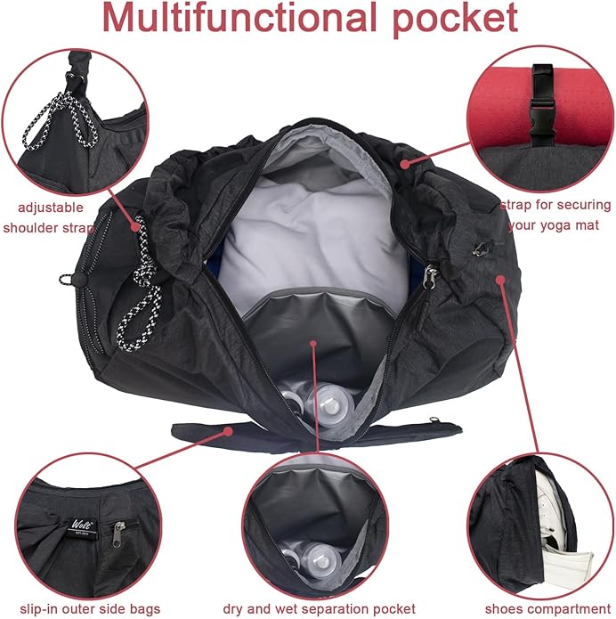 WOLT Gym Bag For Women, Yoga Mat Bag with Shoes Compartment, Wet Pocket and Water Bottle Pocket
