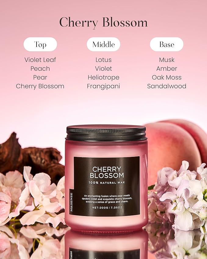 M&SENSE Cherry Blossom Scented Spring Candle, Best Smelling Stress Relief Aromatherapy Candle, 50 Hours 7.05oz Natural Soy Wax Romantic Candle Gifts for Women & Home Decor