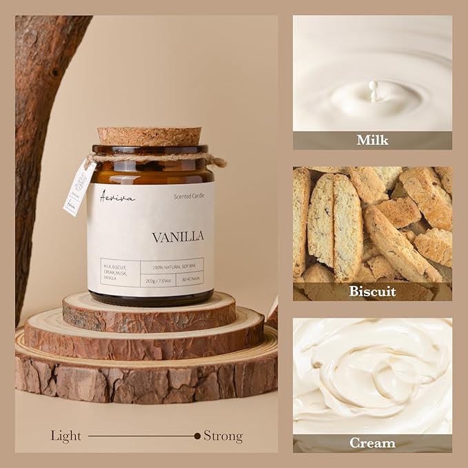 Scented Candle, 7.05 oz Vanilla Aromatherapy Candle, Natural Soy Wax with Wooden Wick, Candles for Home Scented, Stress Relief Amber Jar Candle Gifts