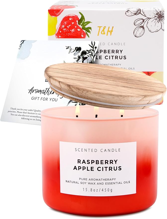Large 3 Wick Soy Candle 15.8 oz - Raspberry Apple Citrus Scented Candle with Cranberry & Warm Cinnamon - Clean Burn, Long Lasting - Aromatherapy Candle for Relaxation & Stress Relief