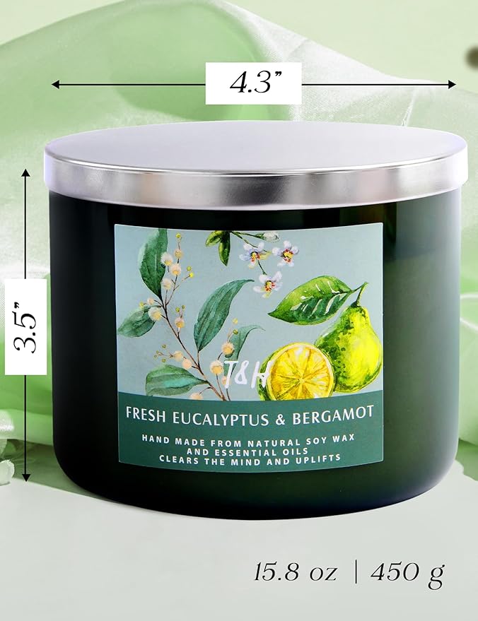 Eucalyptus & Bergamot 3-Wick Soy Scented Candle, 15.8 oz Large | Spa Fresh Scented Candle for Home | Aromatherapy Eucalyptus Candle | Housewarming Gift