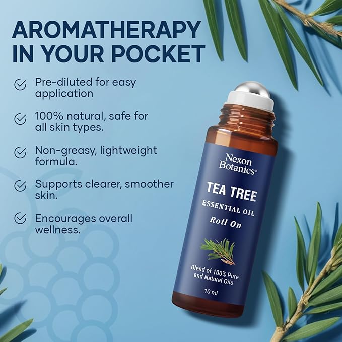 Tea Tree Oil Roll-On 10 ml - 100% Pure, Natural Essential Oil for Aromatherapy, Skin, Face & Body - Pre-Diluted Blend for Travel - Nexon Botanics (Pack of 2)