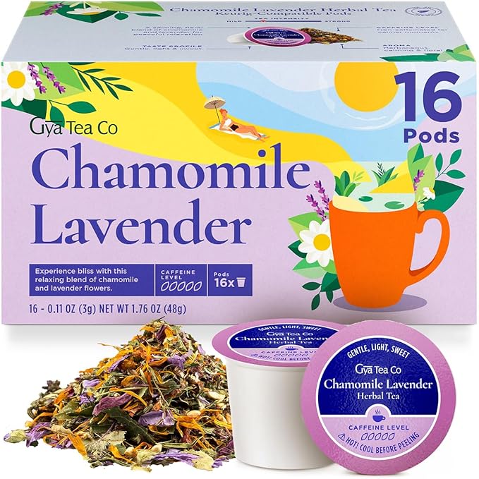 Gya Tea Co Chamomile Lavender Herbal Tea Pod (16 Count)- Decaf Wellness Tea for Body Comfort & Relaxing