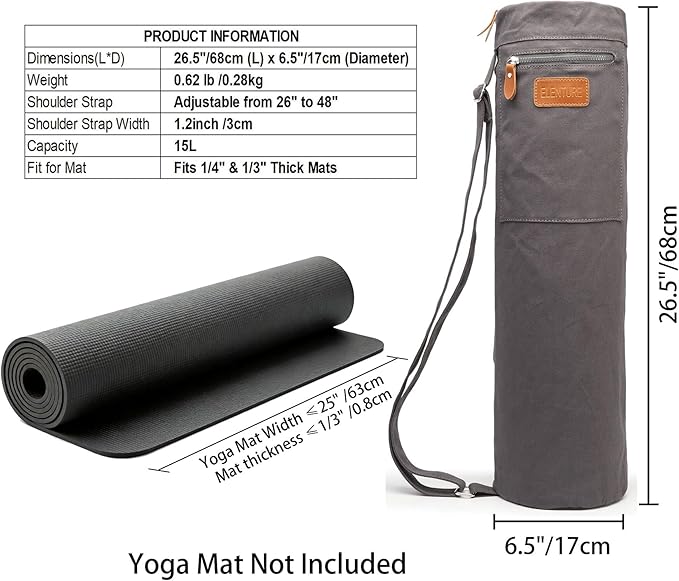 ELENTURE Canvas Yoga Mat Bag with Adjustable Strap & Pockets, Full-Zip Travel Gym Tote for Women & Men, Fits 1/4" & 1/3" Thick Mats, Lightweight Carrier for Yoga, Workout, Outdoor Use