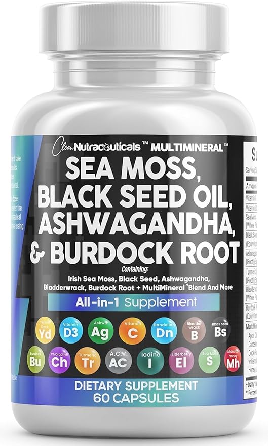 Clean Nutraceuticals Sea Moss Black Seed Oil Ashwagandha Turmeric Bladderwrack Burdock & Vitamin C Vitamin D3 with Elderberry Manuka Dandelion Yellow Dock Iodine Chlorophyll ACV