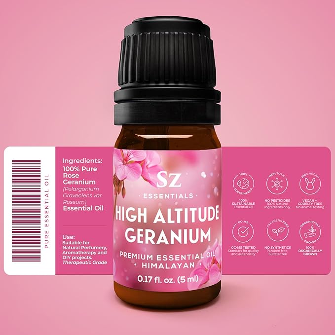 High Altitude Geranium Essential Oil – 100% Pure & Natural, Grown in The High-Altitude – Aromatherapy, Home Use – Therapeutic Grade & Vegan – 5 mL