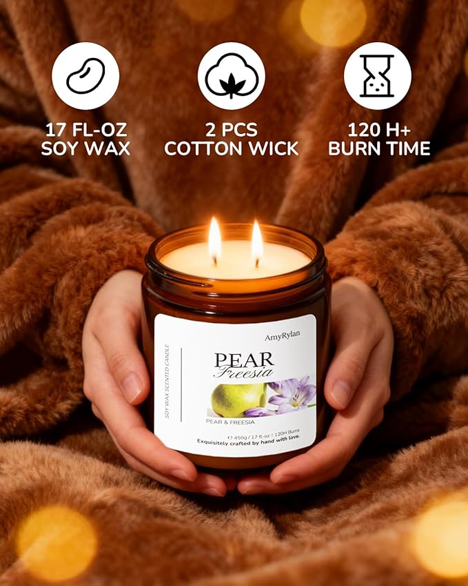 2 Wicks 17oz Large Non-Toxic Soy Wax Scented Candle, Pear & Freesia 120 Hours of Burn Time, Long Lasting Candle for Gift, Cost-Effective Candle for Home Fragrance, Aromatherapy
