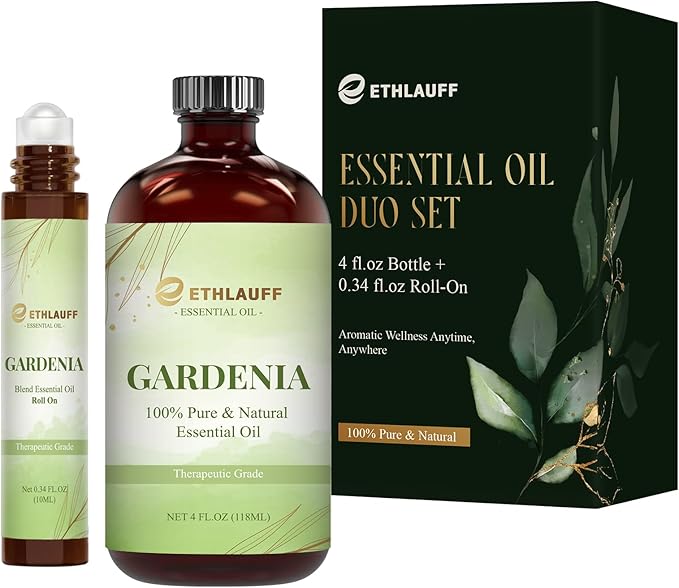 Gardenia Essential Oil (4 fl.oz Bottle + 0.34 fl.oz Roll-On) — Gardenia Oils for Aromatherapy, Diffusers, Humidifiers, Home fragrances, DIY Skincare, Candle, Soap Making, Relaxation, Yoga