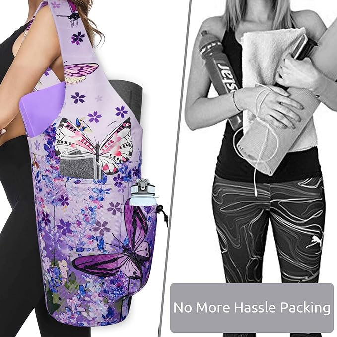 Yoga Mat Bag - Large Opening Long Tote Yoga Mat Carrier Holder Bag with Waterproof Wet Zipper Pocket and Drawstring Water Bottle Pocket - Yoga Bag Fit Most Size Mats