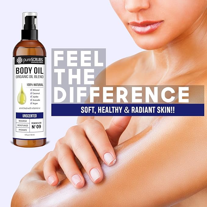 pureSCRUBS Ultra Moisturizing Unscented Body Oil Spray for Dry Skin, Massage, Stretch Marks, Organic Super Blend of Jojoba, Argan, Coconut, Sweet Almond & Avocado Oils Enriched with Vitamin E, Lg 4oz