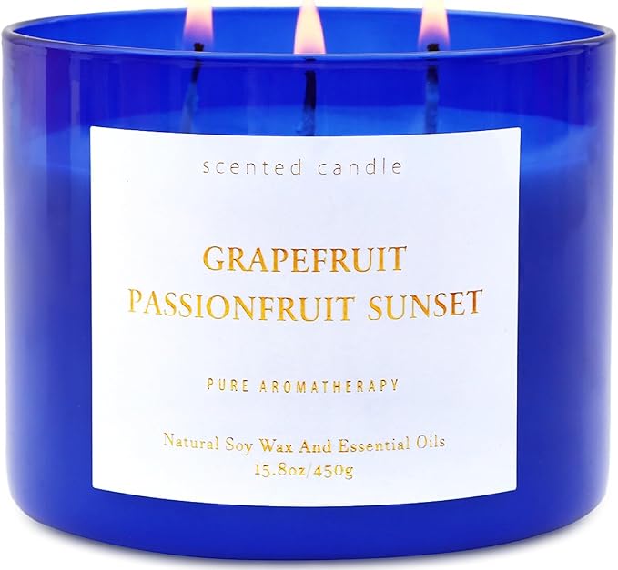 Grapefruit Passionfruit Sunset 3-Wick Scented Soy Candle, 15.8 oz | Large Tropical Citrus Candle for Home | Strong Aromatherapy Stress Relief Candles | Gift for Women & Men | Long-Lasting Clean Burn