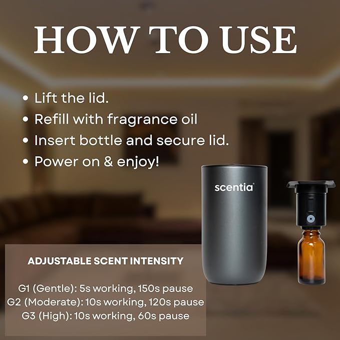 Scentia MiniPod Waterless Essential Oil Diffuser Starter Kit & Smart Car Freshener – Dual Car/Home Modes, Auto Shut-Off, 3 Mist/Ambient Light Levels, Portable Rechargeable Nebulizer – Titanium