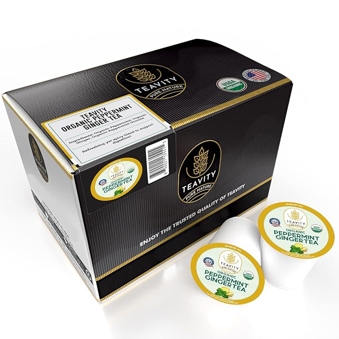 Organic Ginger Tea Pods for Keurig with Organic Peppermint Tea - Decaf Tea for K Cup Brewing Peppermint Ginger by Teavity (36 Tea Pods)