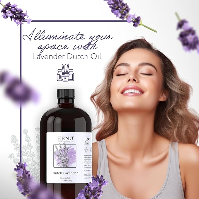 HBNO Lavender Dutch Oil - 32 oz (950 ml) Large Size - Ideal for Shampoos, Conditioners, Mouth Washes, Face wash, Lotions, and Skin Care Products (Glass Bottle).
