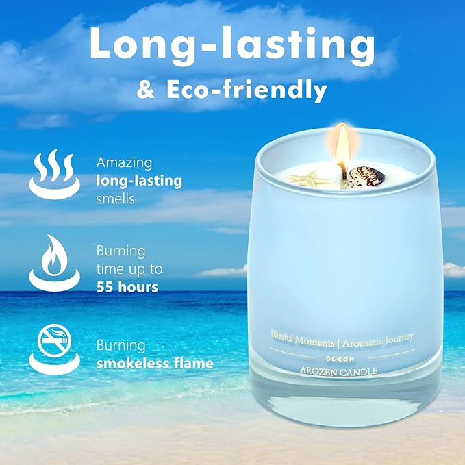 Ocean Scented Candles Gift for Women-10oz Aromatherapy Sea Beach Soy Candles for Home Scented with Healing Crystal inside-55H Burn Gifts for Christmas, Birthday, Women, Mother's Day