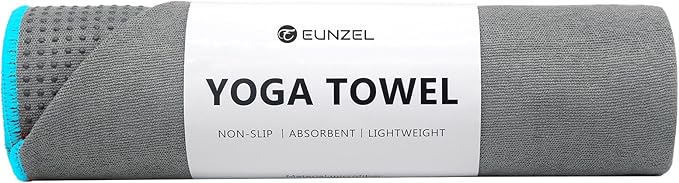 Eunzel Hot Yoga Towel - Microfiber Non Slip Yoga Mat Towel with Grip Dot Sweat Absorbent Towel for Hot Yoga, Pilates and Fitness 72" x 24", Grey/Blue