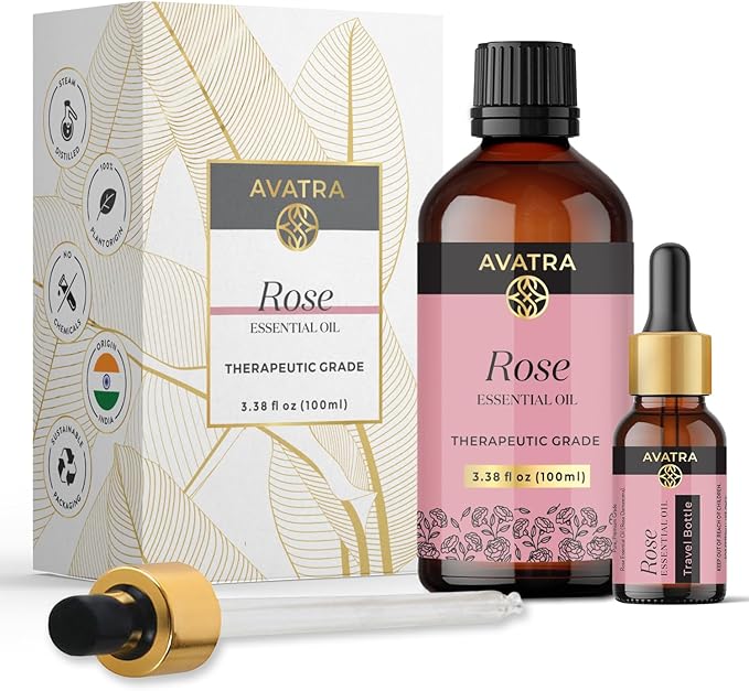 Avatra Rose Essential Oil 100ML (3.38 OZ) with Glass Dropper and Travel Bottle, Pure and Natural Therapeutic Grade Lavender Oil for Diffuser, Aromatherapy, Massage, and DIY Candle Products