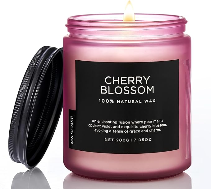 M&SENSE Cherry Blossom Scented Spring Candle, Best Smelling Stress Relief Aromatherapy Candle, 50 Hours 7.05oz Natural Soy Wax Romantic Candle Gifts for Women & Home Decor