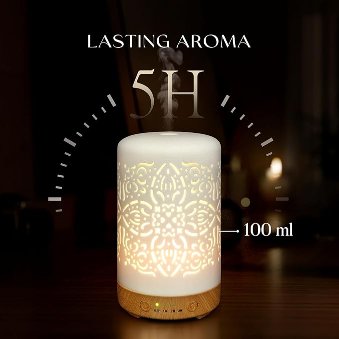 Earnest Living Essential Oil Diffuser White Ceramic Diffuser 100 ml Timers Night Lights and Auto Off Function Home Office Humidifier Aromatherapy Diffusers for Essential Oils