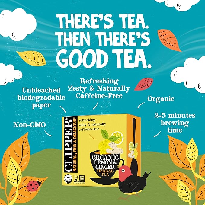 Clipper Tea Lemon & Ginger Teabags – Caffeine Free, USDA Organic, Great Hot or Iced – Aromatic, Natural, Fair & Delicious – 50 Tea Bags