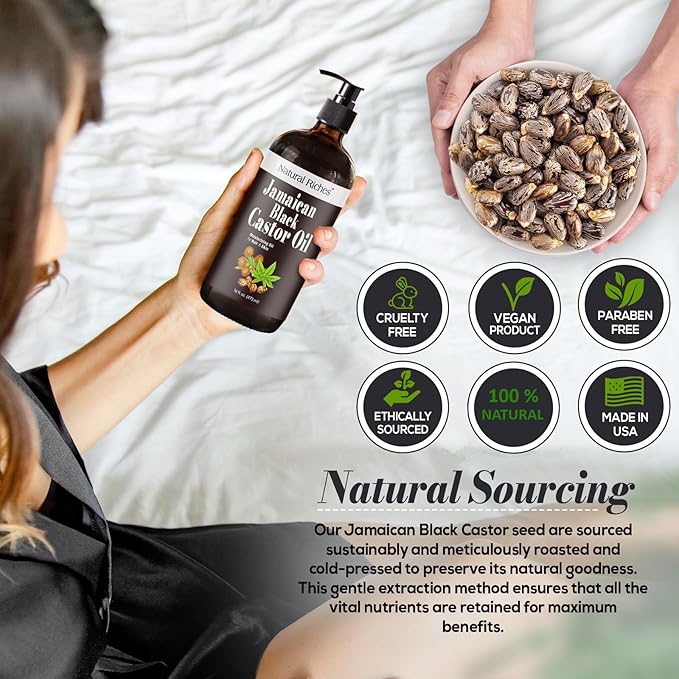 Natural Riches Jamaican Black Castor Oil Glass Bottle Pure Organic Cold Pressed for Hair Growth Skin Care for Dry Skin Conditioning Eyebrows Eyelashes Scalp and Nail Moisturizes & Repairs 16fl.oz.