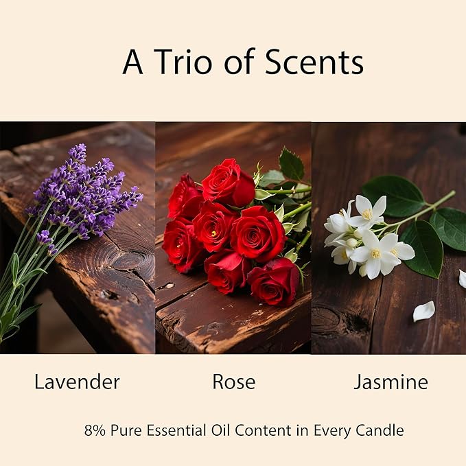 Scented Candles for Home 3 Pack - Aesthetic Clear Square Glass Soy Wax Candle (French Lavender, Rose, Jasmine) - Strong Fragrance Odor Eliminator for Bathroom, Bedroom Decor, Yoga