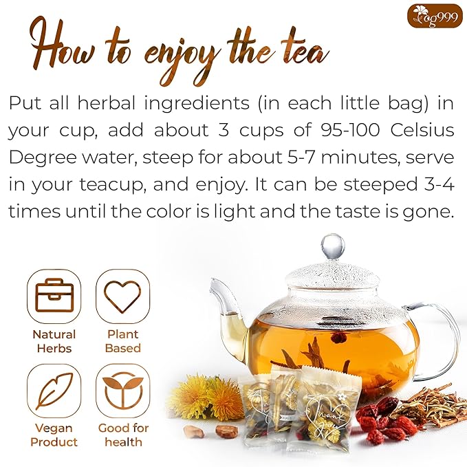 TOG999, Organic Dandelion Wolfberry Tea, 9 Herbal Ingredients, Traditional Recipe Tea for Kidney & Liver, Natural Dandelion, Wolfberry, Gardenia, Cassia Seed, Chrysanthemum, Licorice, Orange Peel (30 Bags)