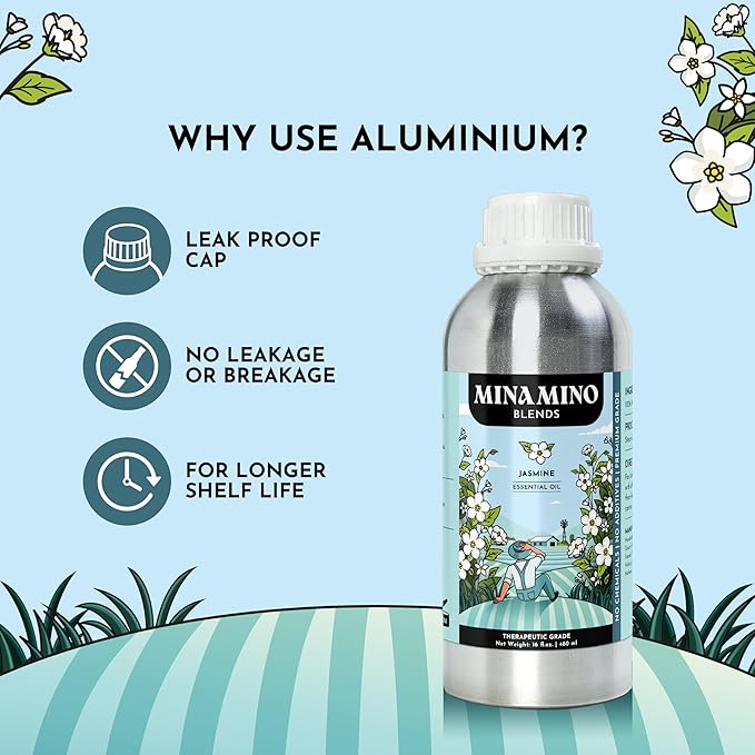 16 fl oz - Jasmine Essential Oil (100% Pure & Natural) Large Aluminum Bottle for Aromatherapy, Diffuser, Candle & Soap Making - Minamino Blends