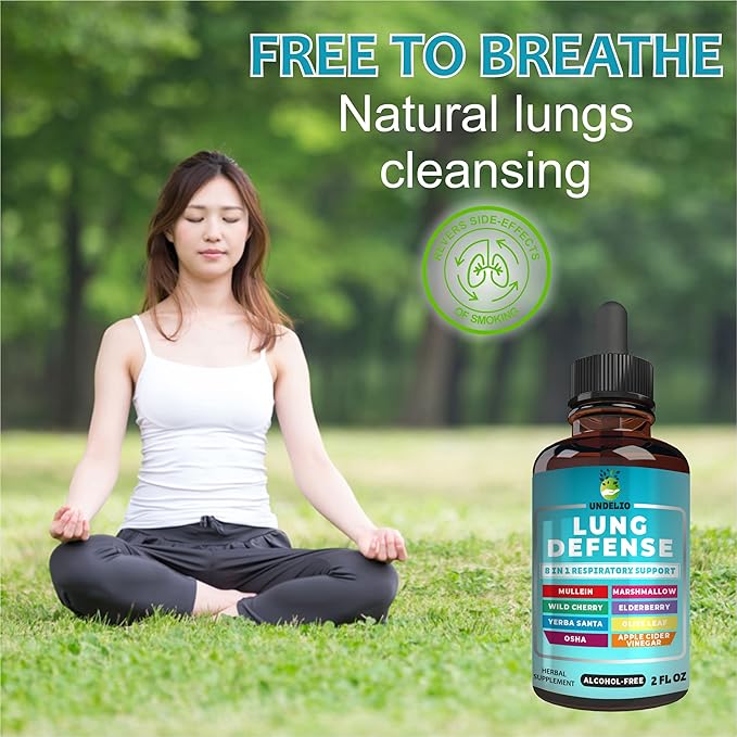 8 in 1 Lung Defense Herbal Extract, Blend (Mullein-Marshmallow-OSHA-Wild Cherry-Elderberry-Yerba Santa-Olive Leaf-ACV) Lung Cleanse, Respiratory & Immune System Support. Liquid Supplement 2 OZ