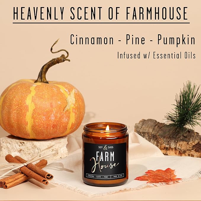 Fall Candles - 'Farmhouse' Autumn Scented Soy Candles for Home, w/Cinnamon, Clove & Pine I Infused with Essential Oils I Farmhouse Décor, 9oz Reusable Jar, 50Hr Burn, Made in USA