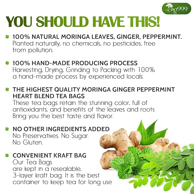 TOG999, Premium Moringa Ginger Peppermint Herbal Tea – 60 Tea Bags – Caffeine-Free, Plant-Based, Non-GMO, Naturally Refreshing Flavor, No Artificial Additives, No Sugar, No Gluten. Vegan