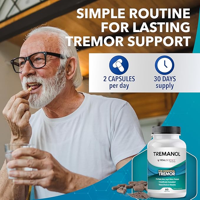 Tremanol Natural Aid Essential Tremor Relief Herbal Supplement for Neurological Support - Includes Vitamin B2 & B12, Passionflower & Skullcap for Hand Tremor Aids - Made in USA, 60 Caps