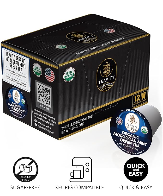 Organic Moroccan Mint Tea and Green Tea Pods for Keurig - Caffeinated Unsweet Tea for K Cup Brewing by Teavity (24 Tea Pods)