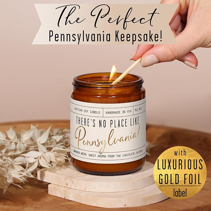 Pennsylvania Gifts, Pennsylvania Decor for Home - 'There's No Place Like Pennsylvania Candle, w/Aroma of The Chocolate Factory I Pennsylvania Souvenirs State Gifts I 9oz Jar, 50Hr Burn, USA Made