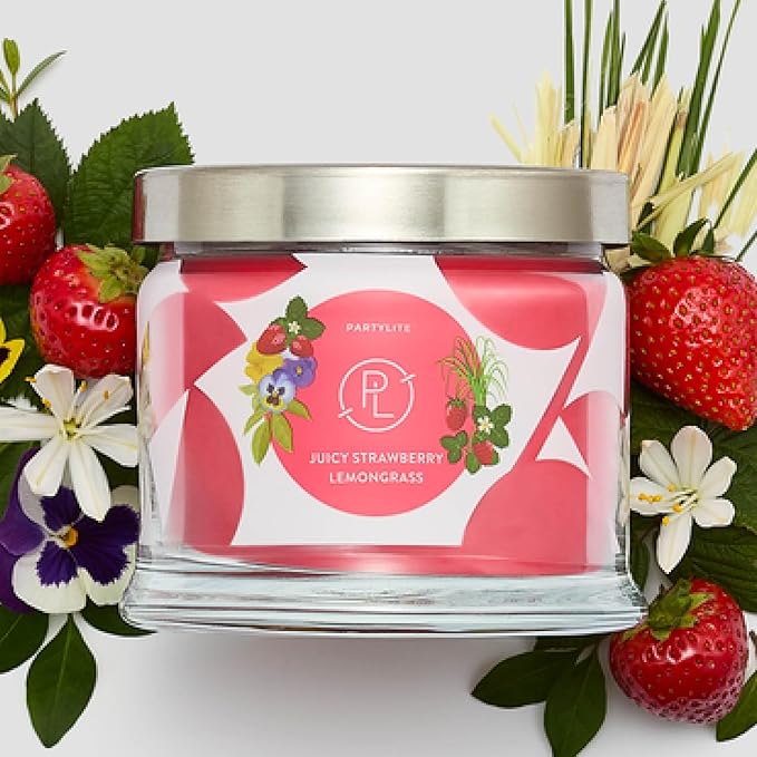 PartyLite Juicy Strawberry Lemongrass Scented, Notes of Lemongrass, Eucalyptus, Pansies, Verbena & Cedarwood, 13.2oz 3-Wick Jar Candle, 45 Hour Burn Time, Luxurious Fragrance, Ideal for Gifting