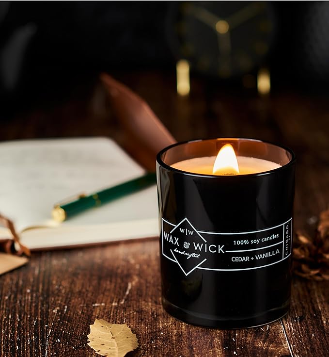 Wax & Wick 12oz Scented Candle for Men, 100% Soy Wax, Double Wood Wick, Black Jar, Cedar Vanilla Scent, Long Lasting, Masculine Scents, Perfect for Home, Mancave, Bachelor Pad, Men's Gift - USA Made