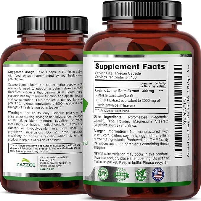 Zazzee Organic Lemon Balm 10:1 Extract, 3000 mg Strength per Capsule, 180 Vegan Capsules, 6 Month Supply, Standardized and Concentrated 10X Extract, 100% Vegetarian, All-Natural and Non-GMO