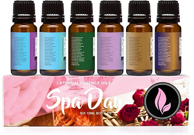Eternal Essence Oils Spa Day Set of 6 Premium Fragrance Oils - Includes Lavender Breeze, Sweet Rain, Coconut Sandalwood, Black Fig & Honey, Patchouli Saffron, and Spa Scented Oils - 10ML