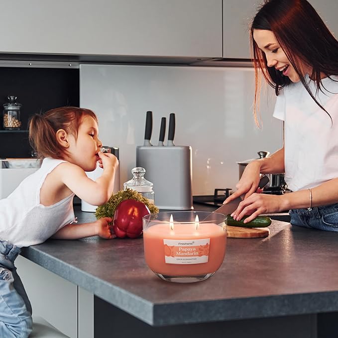 Carolina Freshens Papaya Mandarin Odor Eliminating Highly Fragranced Candle for Home Scented, Eliminates 90% of Pet, Smoke, Food and Other Smells Quickly, 2 Wick, 14 oz - Made in The USA