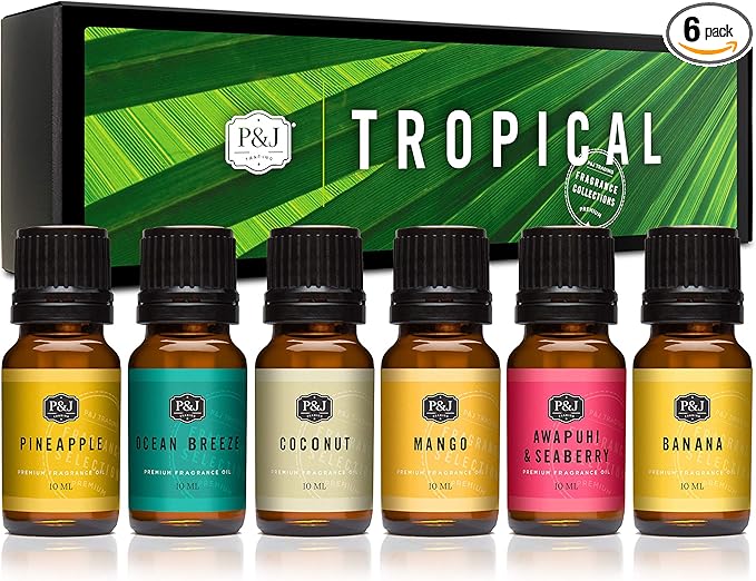 &J Fragrance Oil Tropical Set | Banana, Coconut, Awapuhi and Seaberry, Pineapple, Mango, Ocean Breeze Candle Scents for Making, Freshie Scent, Soap Making Supplies, Diffuser