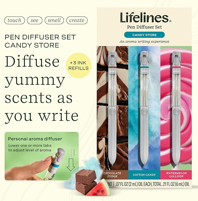 Lifelines Pen Diffuser Set, Candy Store 3-Pack - 1mm Black Ballpoint Pens with Scented Essential Oil Blends – Aromatherapy Diffuser & Sensory Immersion Diffuse Aroma As You Write