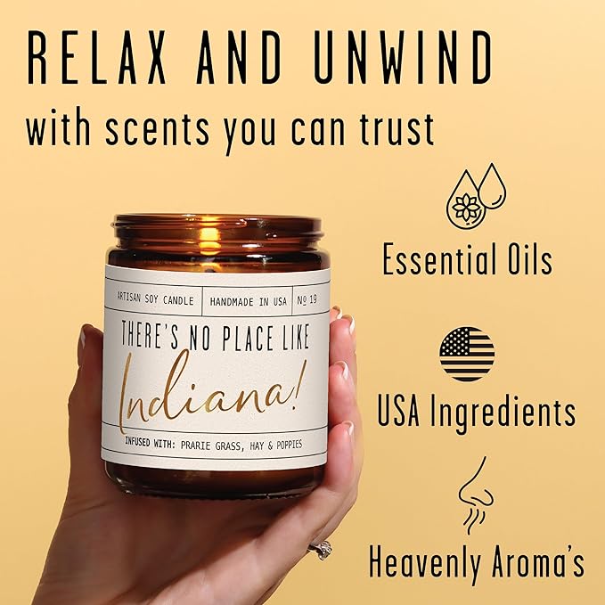 Indiana Gifts, Indiana Decor for Home - 'There's No Place Like Indiana Candle, w/Prarie Grass, Eucalyptus, Hay & Poppies I Indiana Souvenirs I Indiana State Gifts I 9oz Jar, 50Hr Burn, USA Made