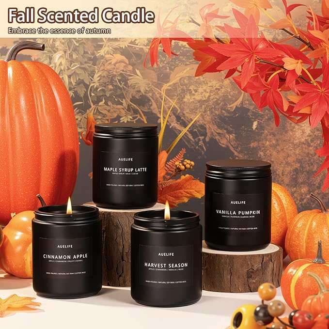 Fall & Winter Holiday Candle Set – 4-Pack Cozy Soy Candles with Pumpkin Vanilla, Cinnamon Apple, Harvest Season & Maple Syrup Latte – Warm Seasonal Christmas & Birthday Gifts