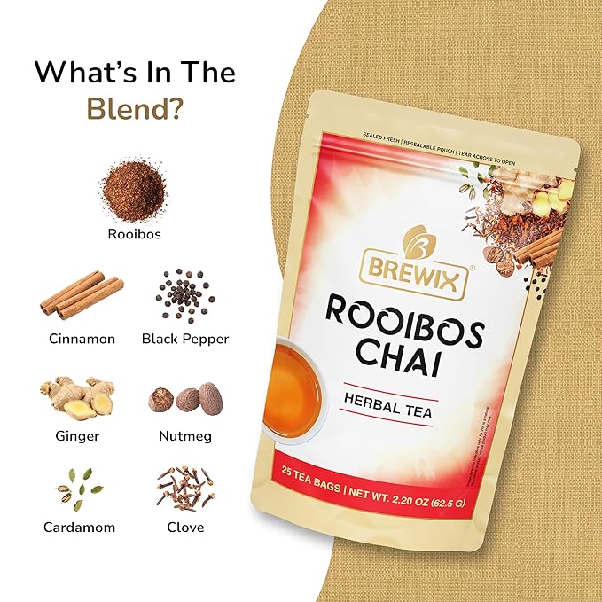 BREWIX, Rooibos Chai Tea Bags (25 Pyramid Tea Bags) Caffeine-Free, Herbal Tea, South African Red Tea | Rooibos, Cardamom, Cinnamon, Black Pepper, Nutmeg, Ginger & Clove