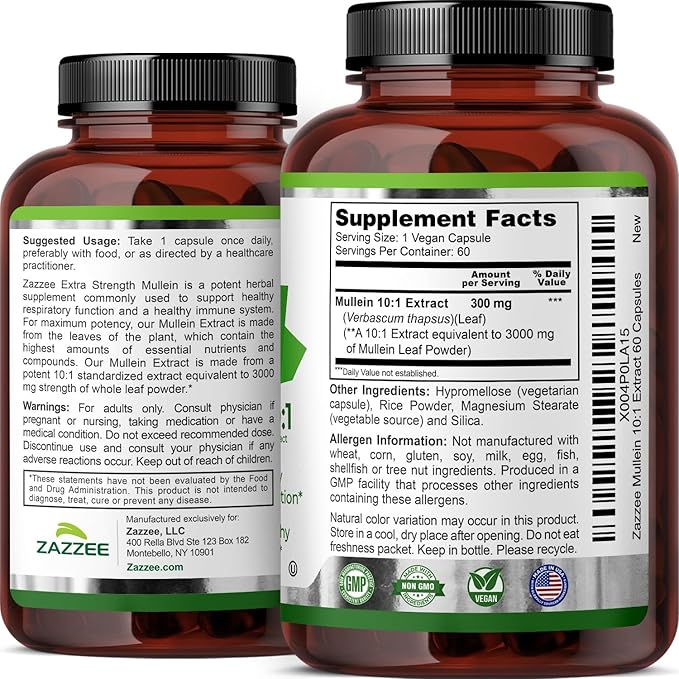 Zazzee Extra Strength Mullein 10:1 Extract, 3000 mg Strength, 60 Vegan Capsules, 2 Month Supply, Standardized 10X Extract, 100% Pure Leaf Powder, All-Natural and Non-GMO, Made in The USA