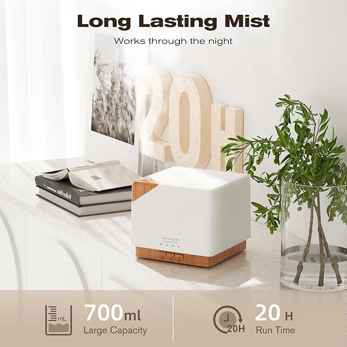 ASAKUKI 700 ml Essential Oil Diffuser for Home and Office, 7 LED Lights Aromatherapy Humidifier with Auto-Off Safety Switch