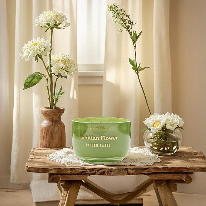 Hidden Label Tahitian Flower Scented Candles,3-Wick Aromatherapy Candle – 18oz, 70-Hour Burn Time, 100% Natural Soy Wax, Luxury Home Scent & Décor for Women and Men